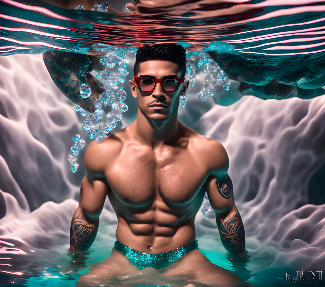 Man with tattoos and sunglasses in water with reflections and bubbles