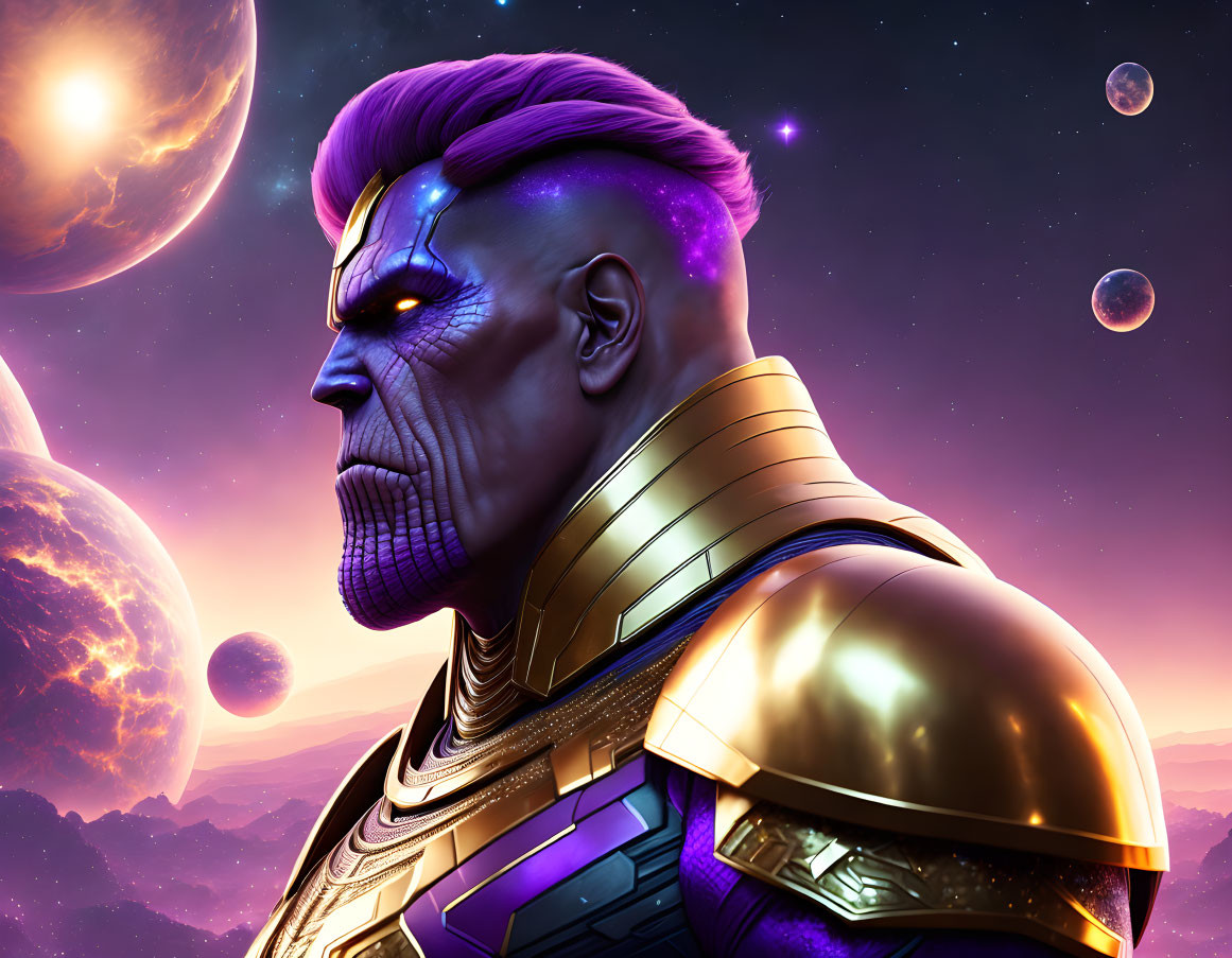 Purple-Skinned Muscular Male Figure in Armor Against Cosmic Planetary Backdrop