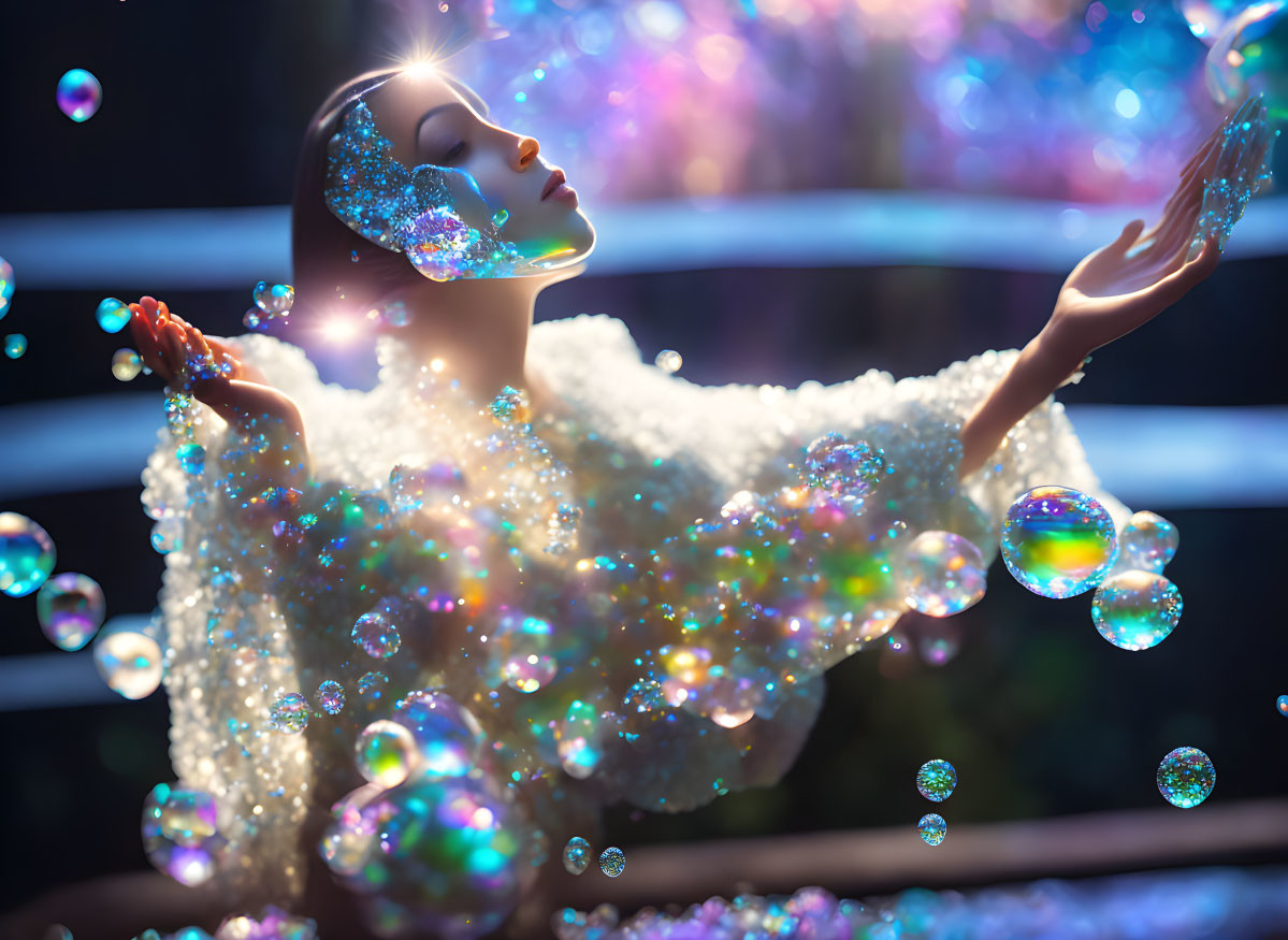 Sparkling Outfit Surrounded by Iridescent Bubbles on Radiant Background