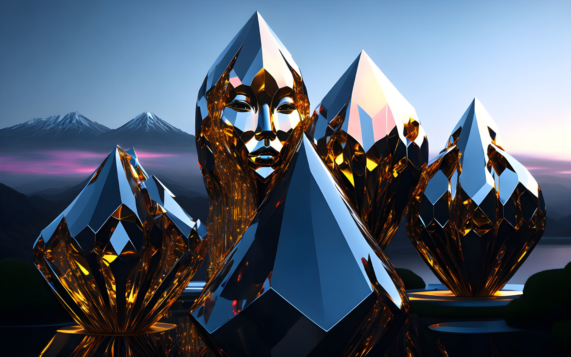 Futuristic crystal sculptures featuring human faces in mountain landscape