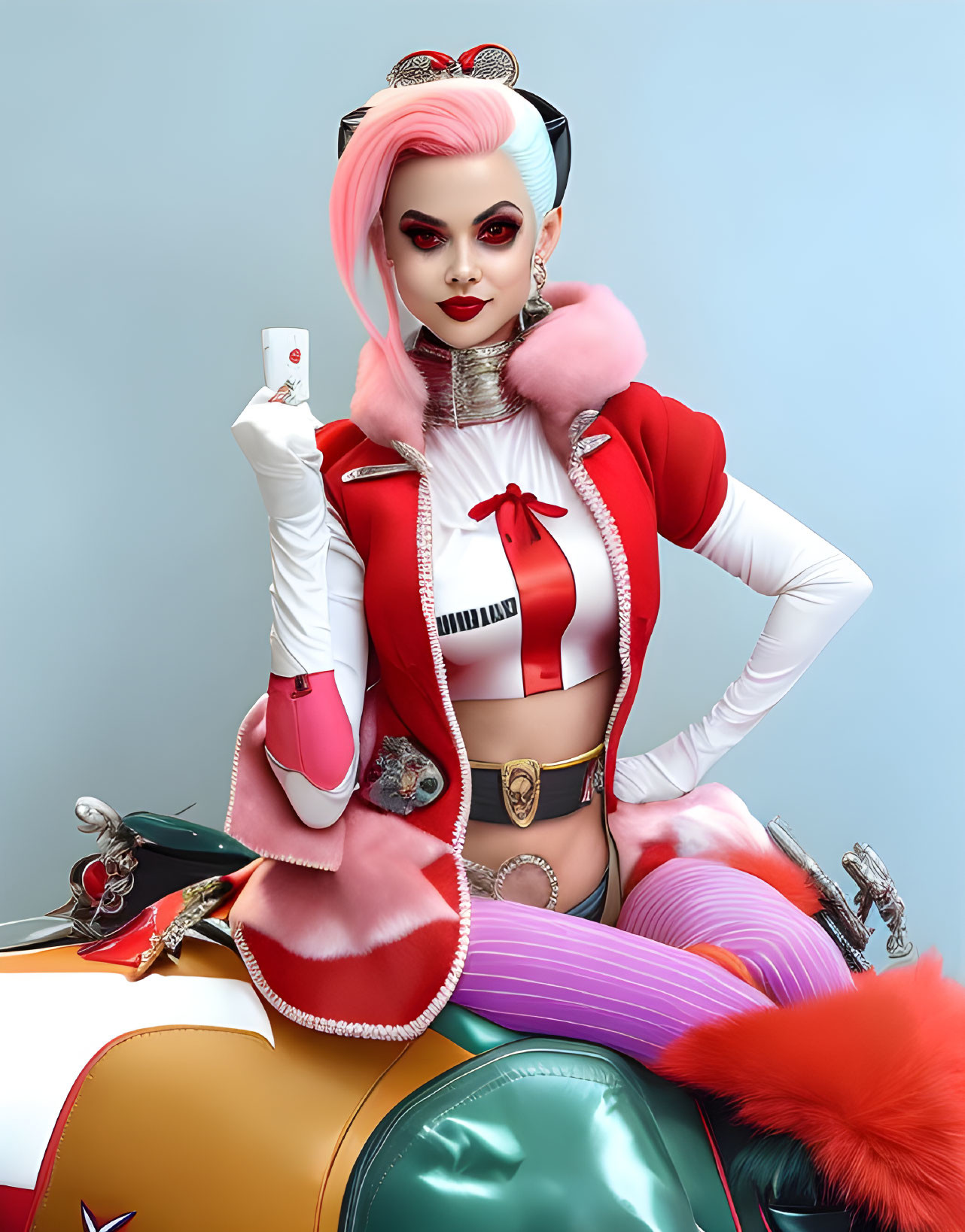 Vibrant female character in pink and red costume and accessories