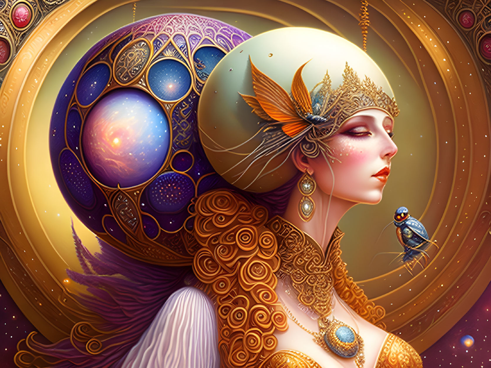 Fantasy woman with gold and purple headgear in cosmic setting.