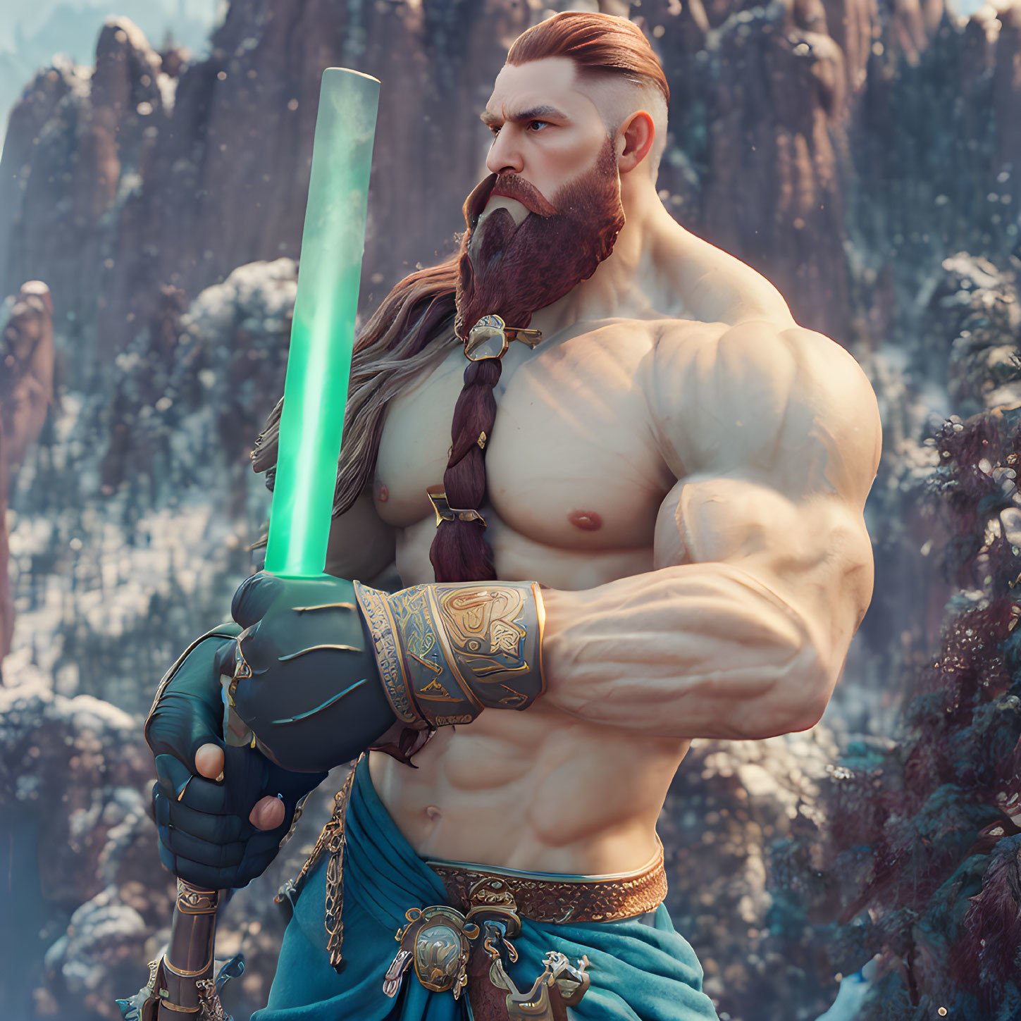 Muscular, bearded character with glowing sword in snowy mountain scene