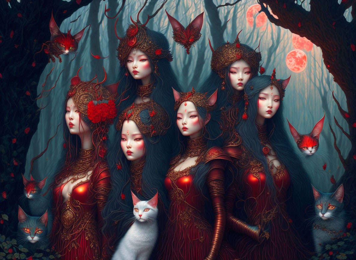 Six ethereal women in ornate headdresses in mystical forest with cats and red leaves under crimson moon