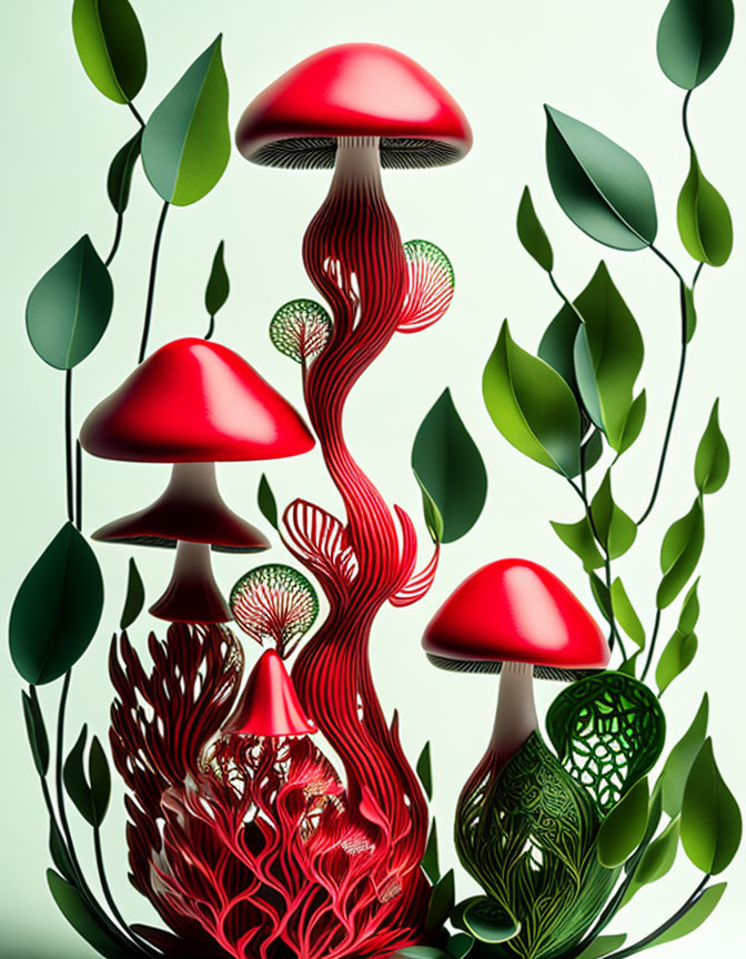 Red Mushroom Trio with Patterned Stems on Light Background