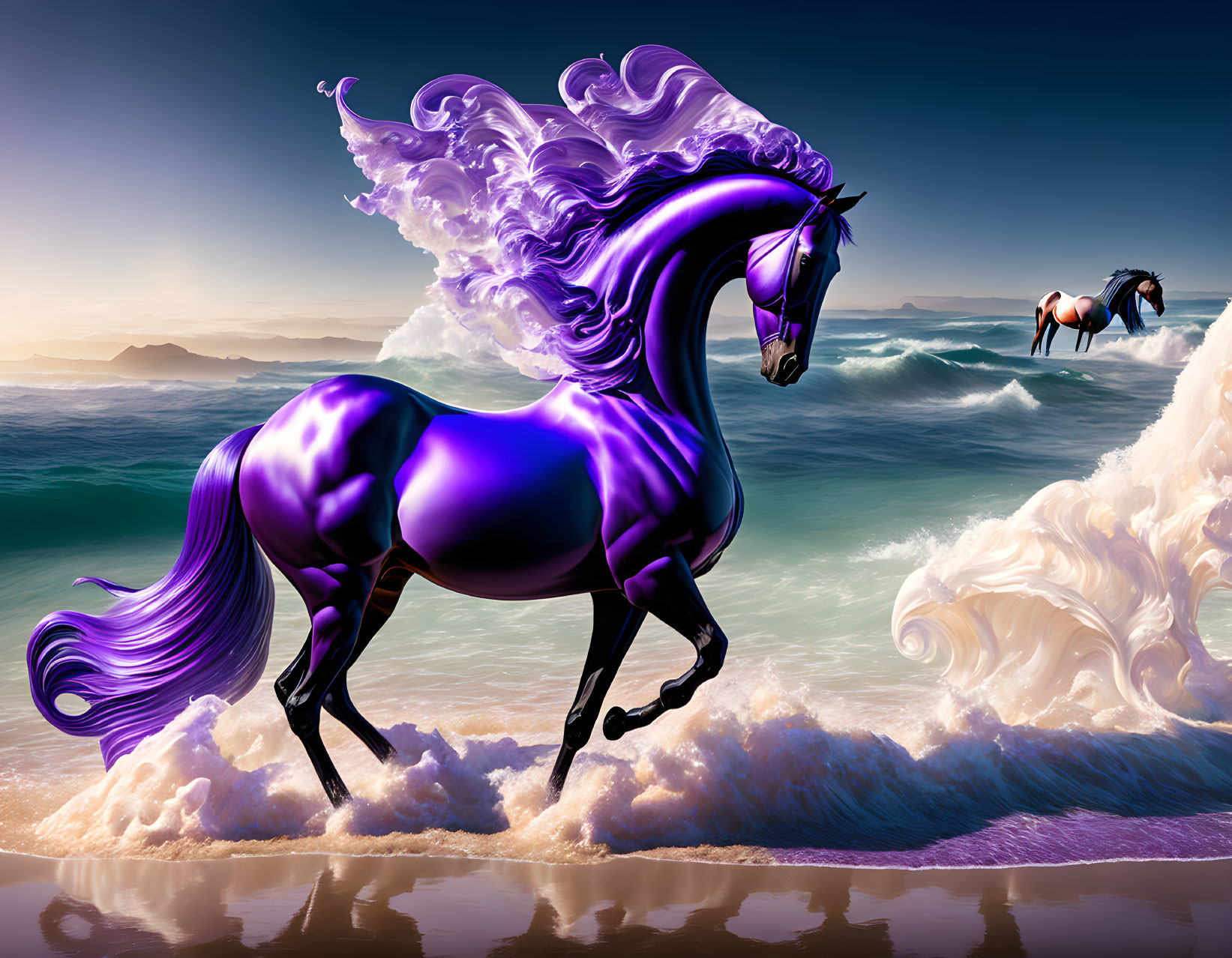 Majestic purple horse illustration on beach with crashing waves