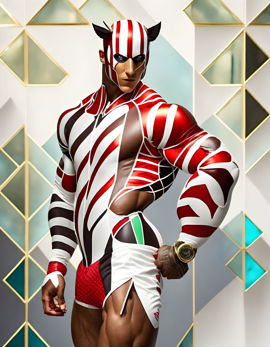 Muscular figure in red and white suit with feline mask on geometric backdrop