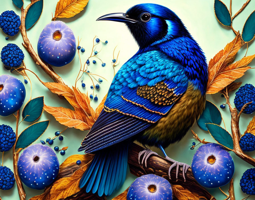 Detailed Blue Bird Illustration with Autumn Elements