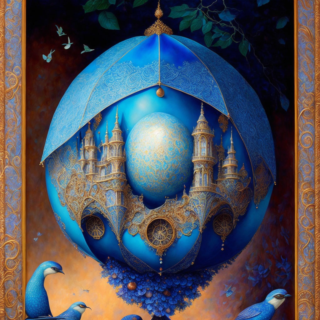 Intricate Blue Sphere with Golden Designs and Peacocks in Lush Setting