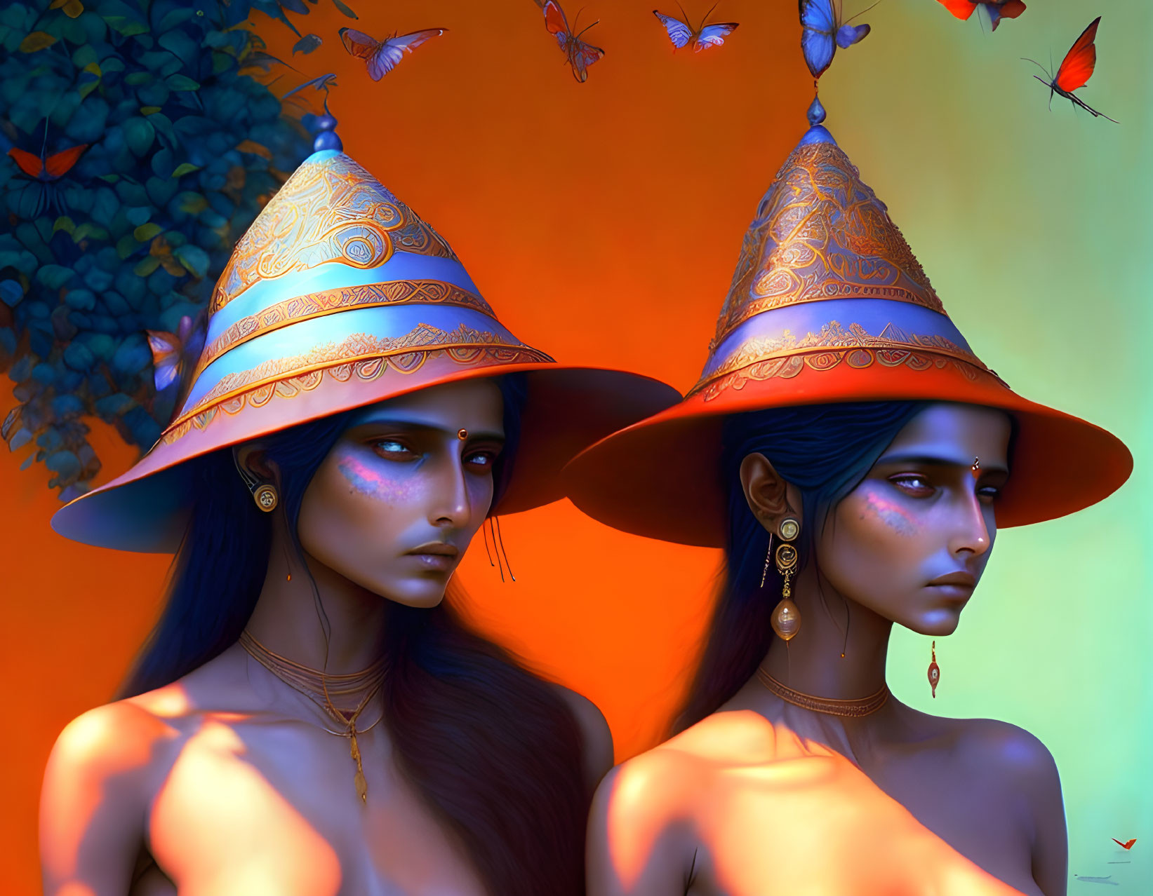 Blue-skinned women in golden conical hats with jewelry on warm backdrop with butterflies