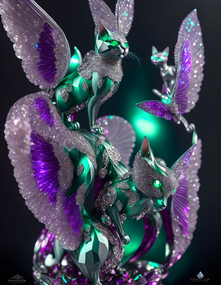 Translucent Winged Crystal Cats with Teal Aura and Purple Highlights