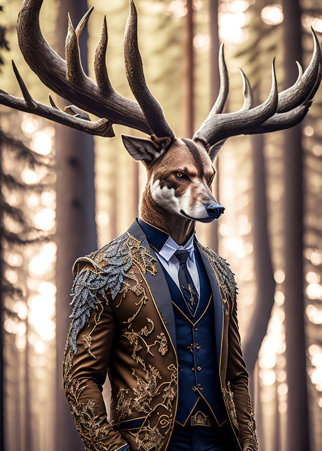 Elegant suit with gold embroidery next to majestic stag in sunlit forest