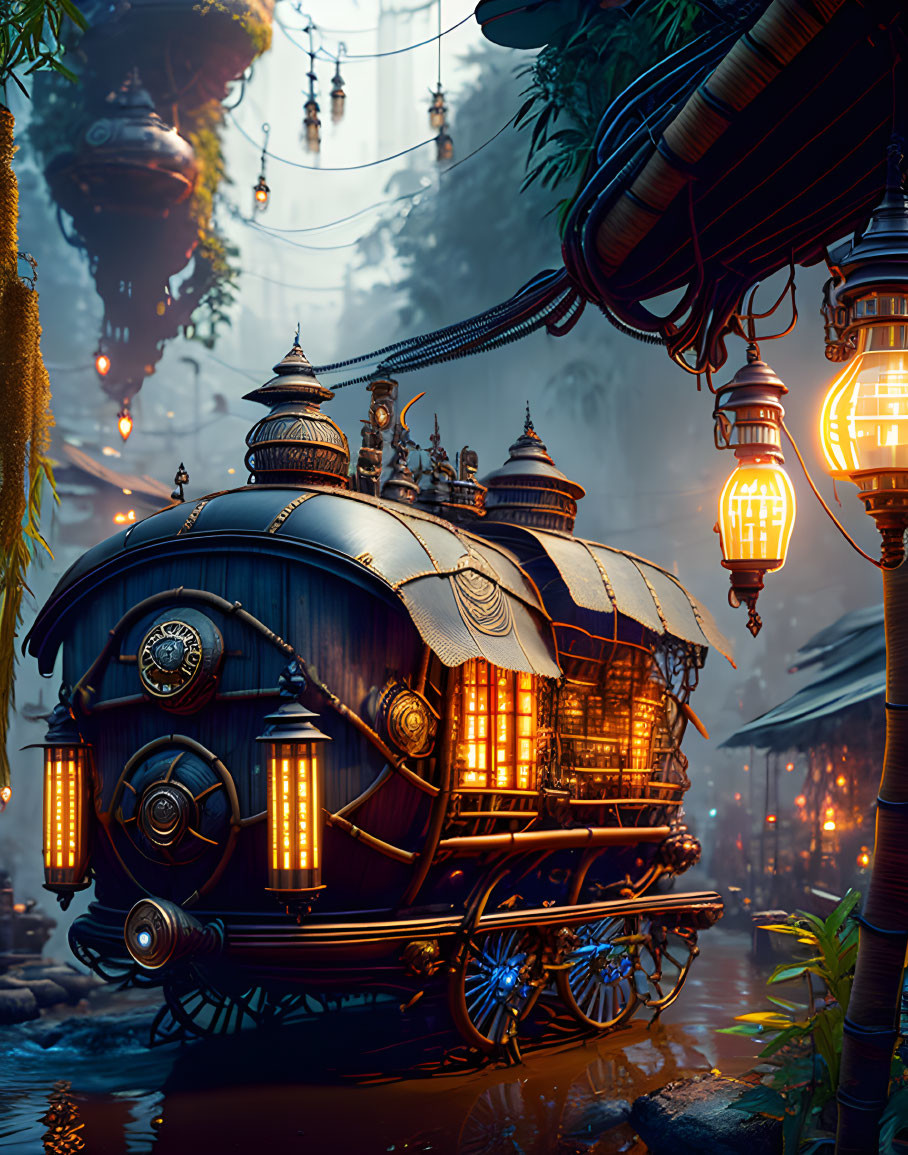 Steampunk-style vehicle in mystical alleyway with Asian-inspired architecture