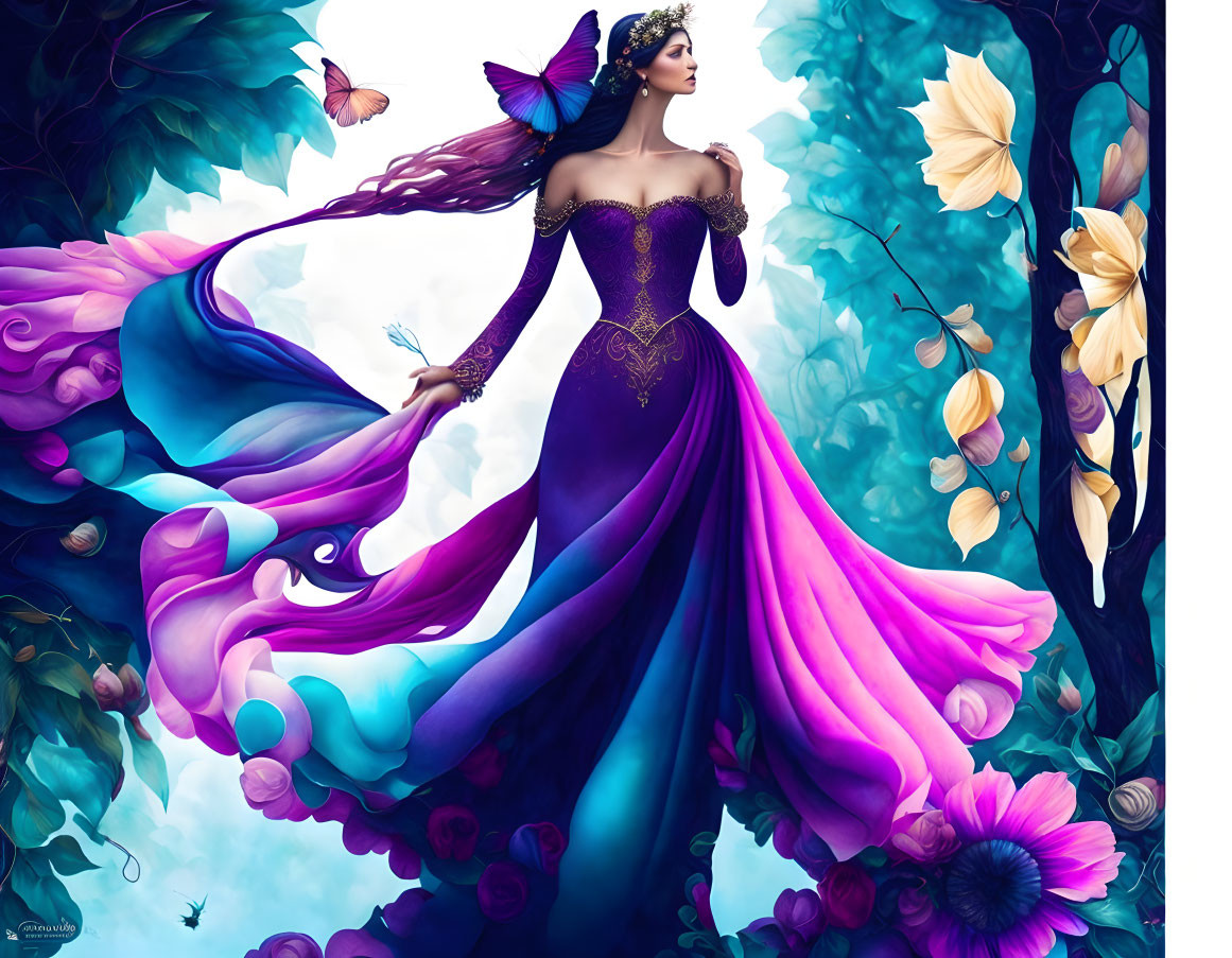 Colorful digital artwork featuring a woman in a flowing gown among giant flowers and butterflies