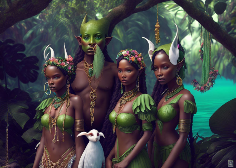 Four mythical beings with dark skin and horns in green attire and golden jewelry in lush jungle setting