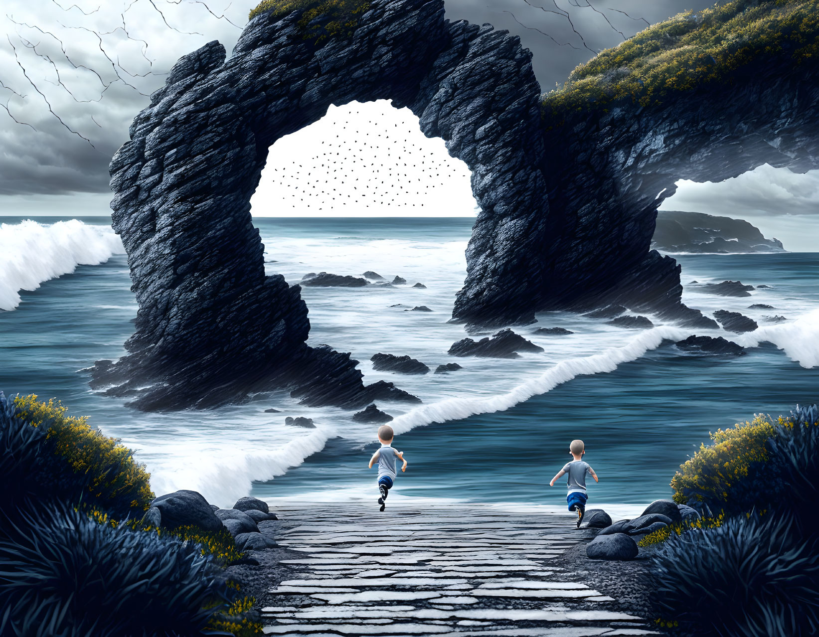 Children running under natural stone arch over ocean with crashing waves and flying birds.