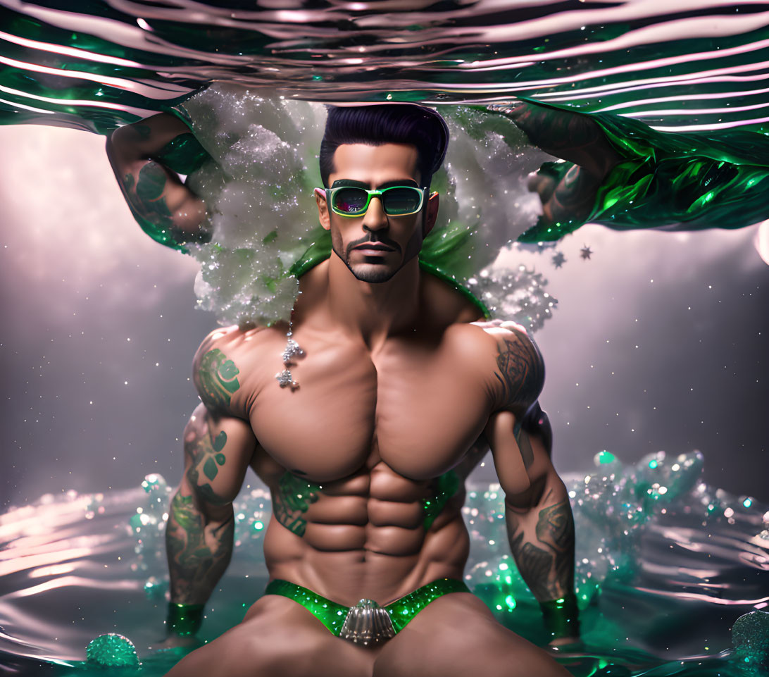 Muscular Figure in Green Swimwear with Tattoos and Sunglasses in Green Liquid