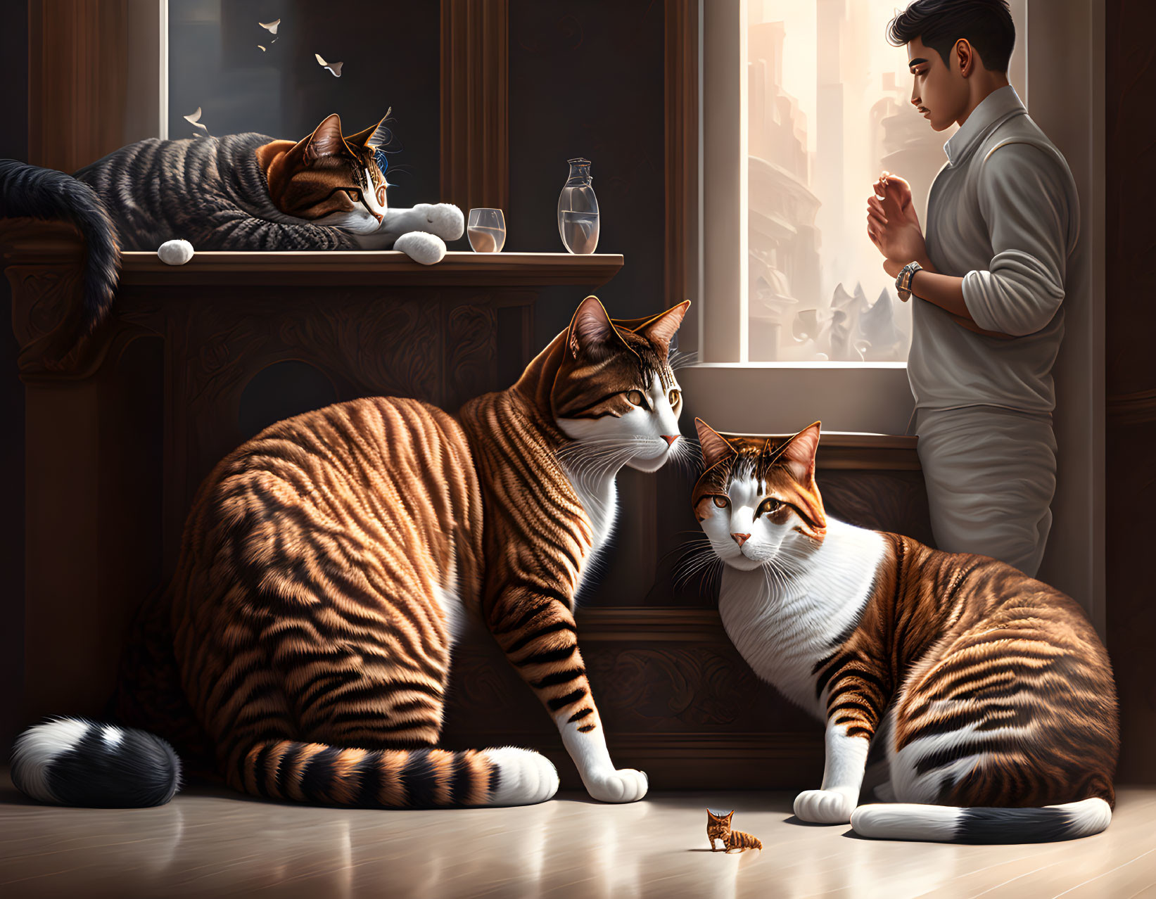 Man with two large stripe-patterned cats in elegant room, one cat on windowsill