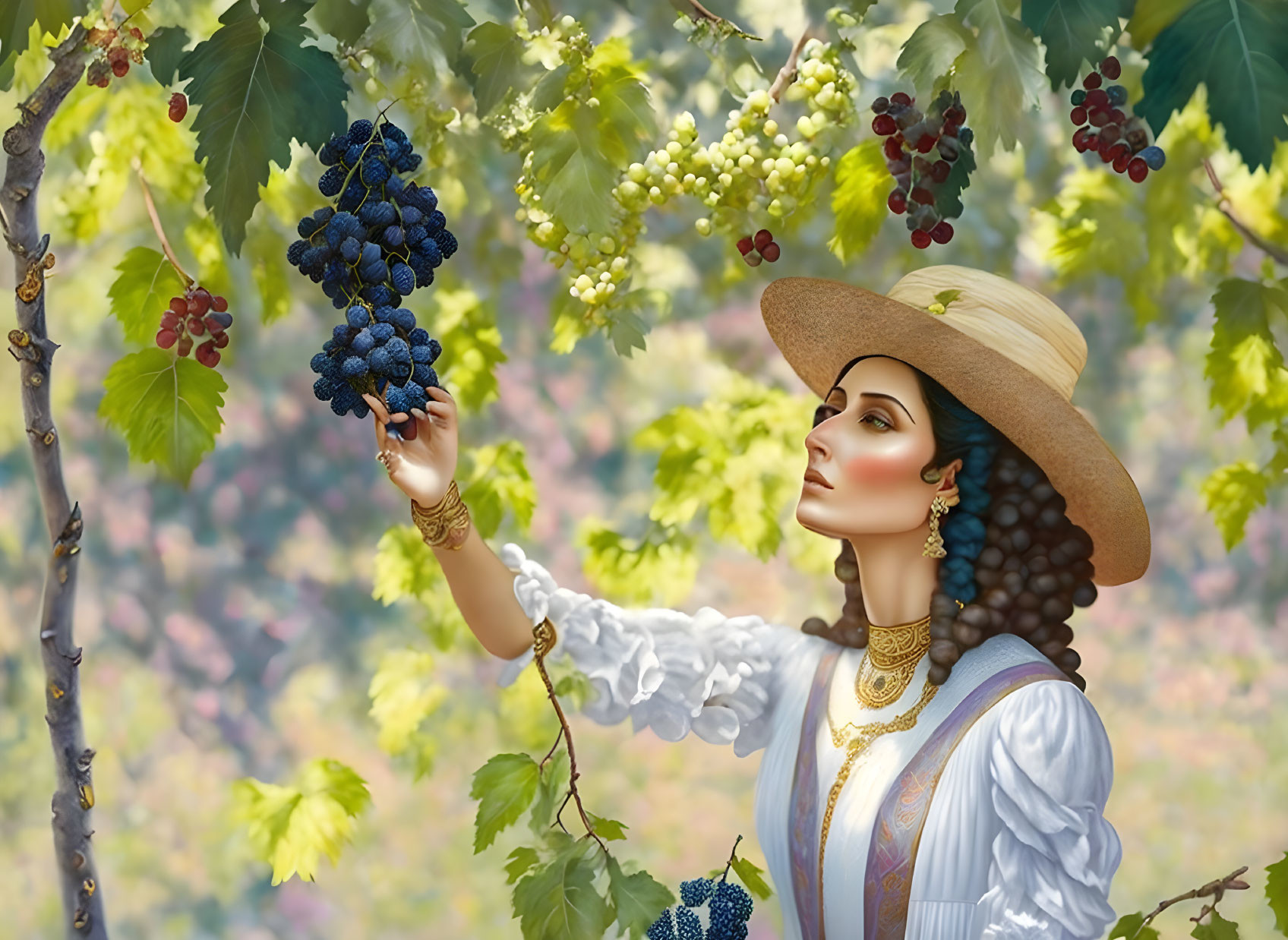 Woman in wide-brimmed hat picking dark grapes in sunlit vineyard with gold jewelry