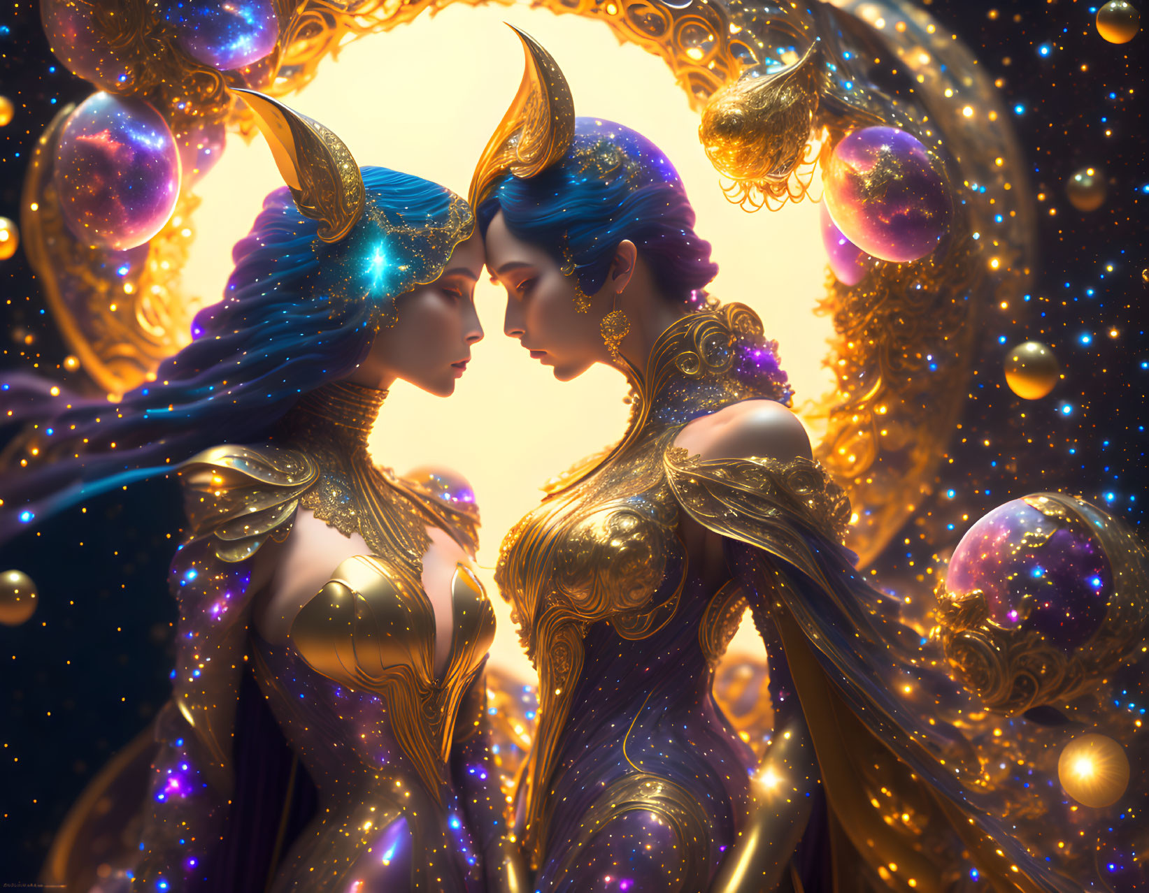 Ethereal figures in cosmos-themed attire with horns against golden celestial backdrop