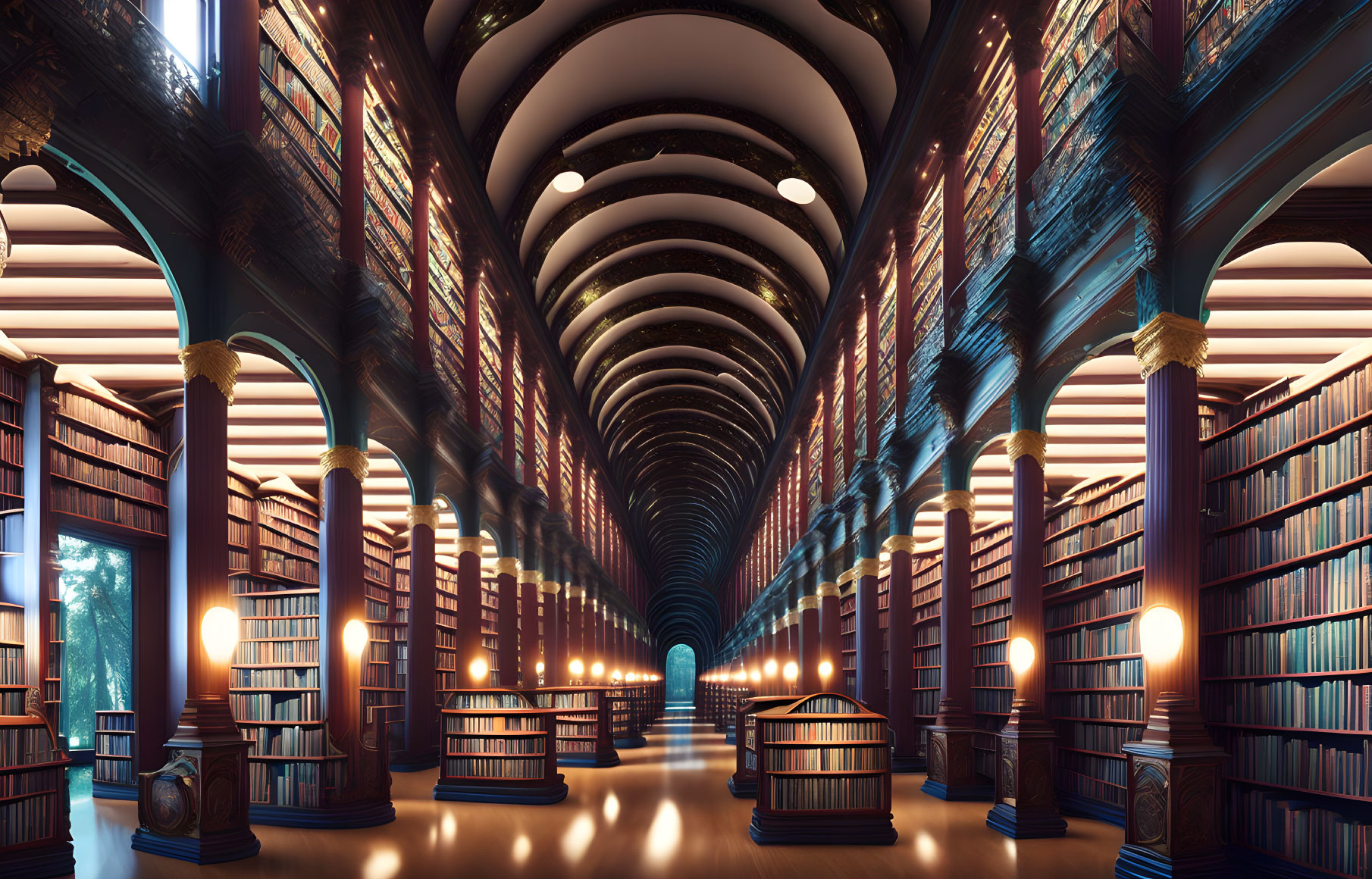Symmetrical grand library with towering bookshelves and warm lighting