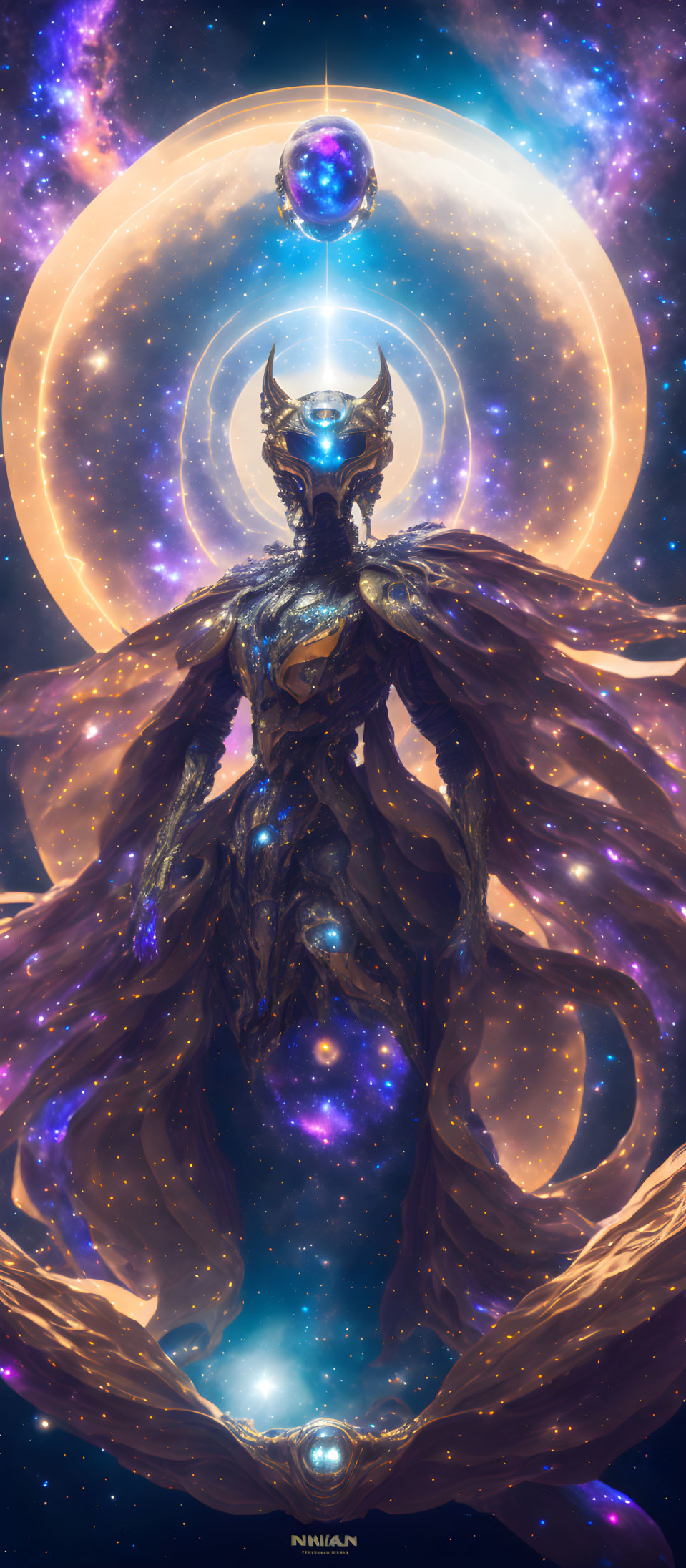 Cosmic entity with horned helmet in celestial background