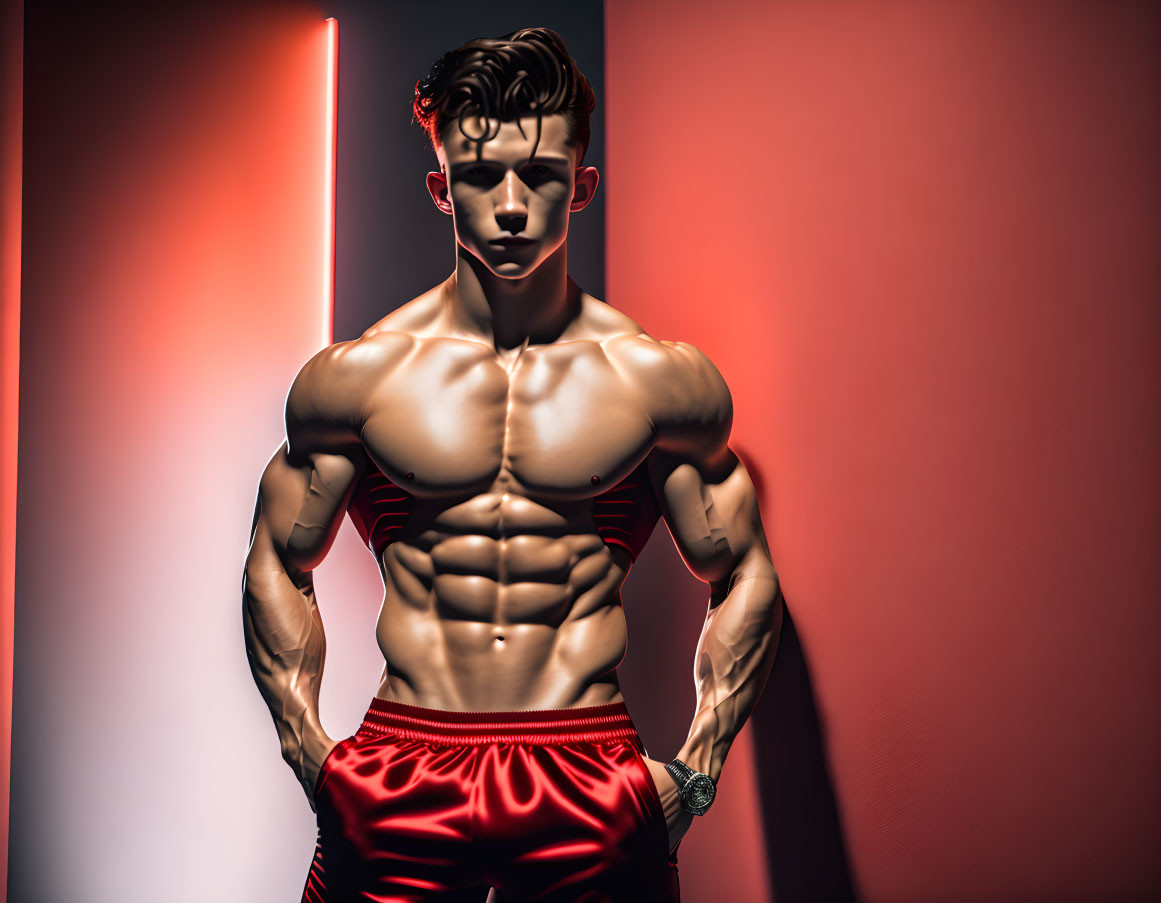 Muscular Male Mannequin in Red Shorts with Toned Abs and Biceps