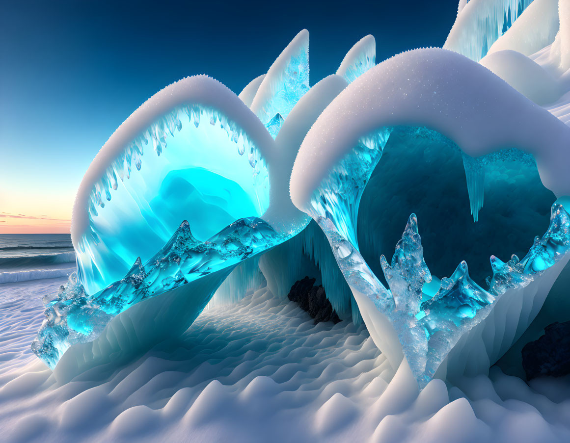 Surreal snow-covered ice structures in twilight ocean landscape