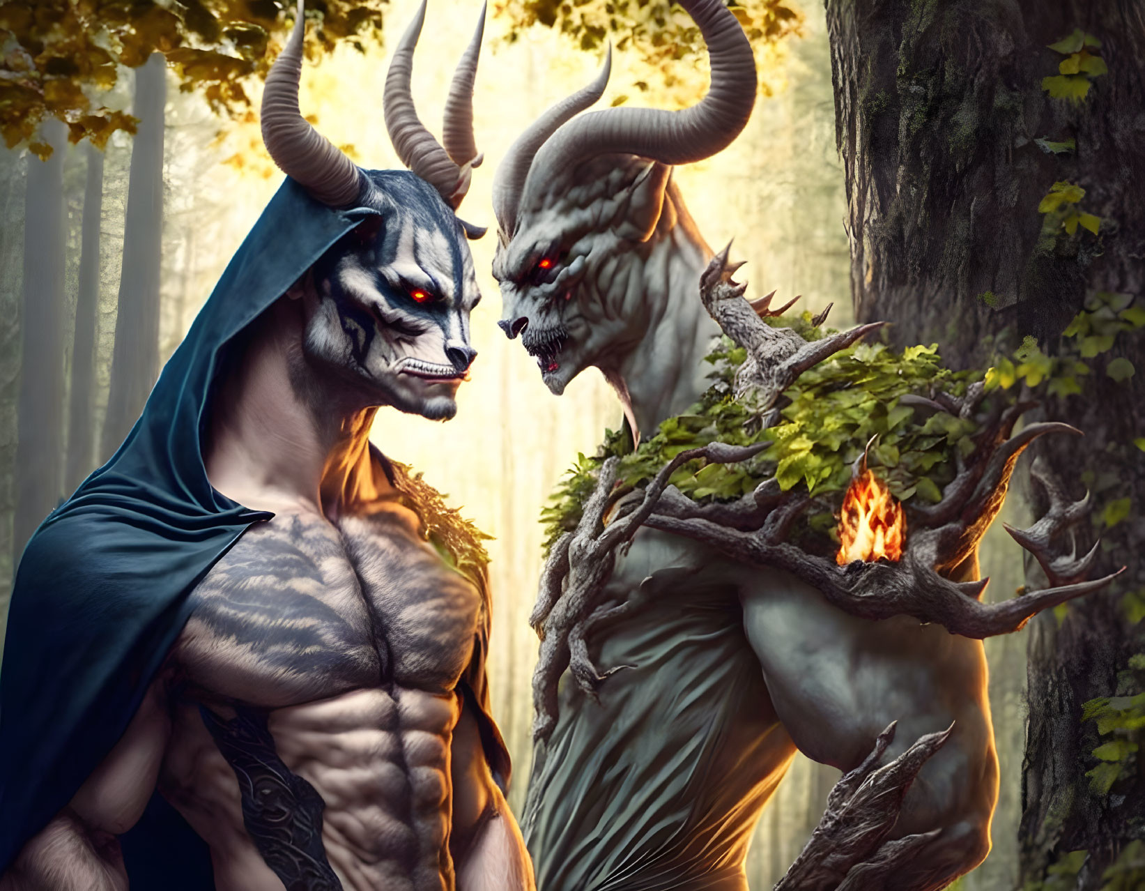 Muscular fantasy creatures with horns and flaming shoulder in mystical forest.