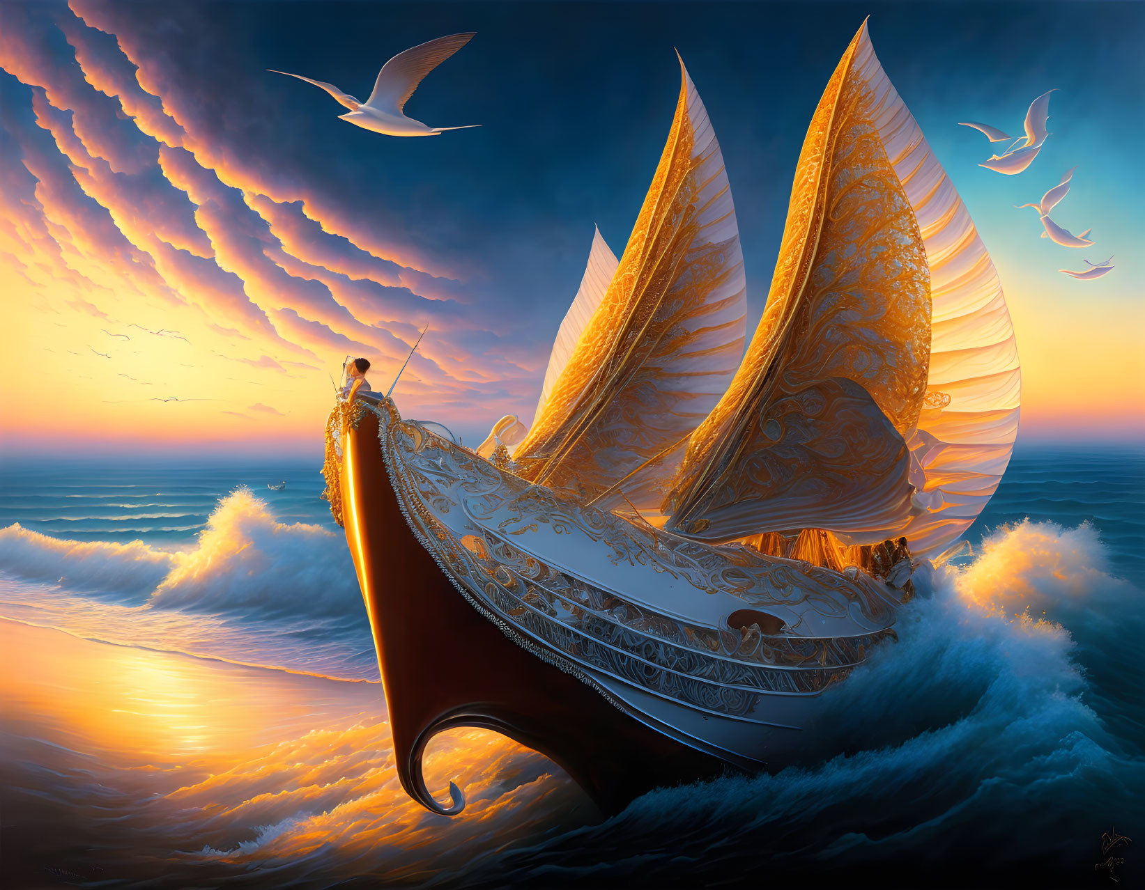 Ornate ship with billowing sails on golden-lit waves at sunset