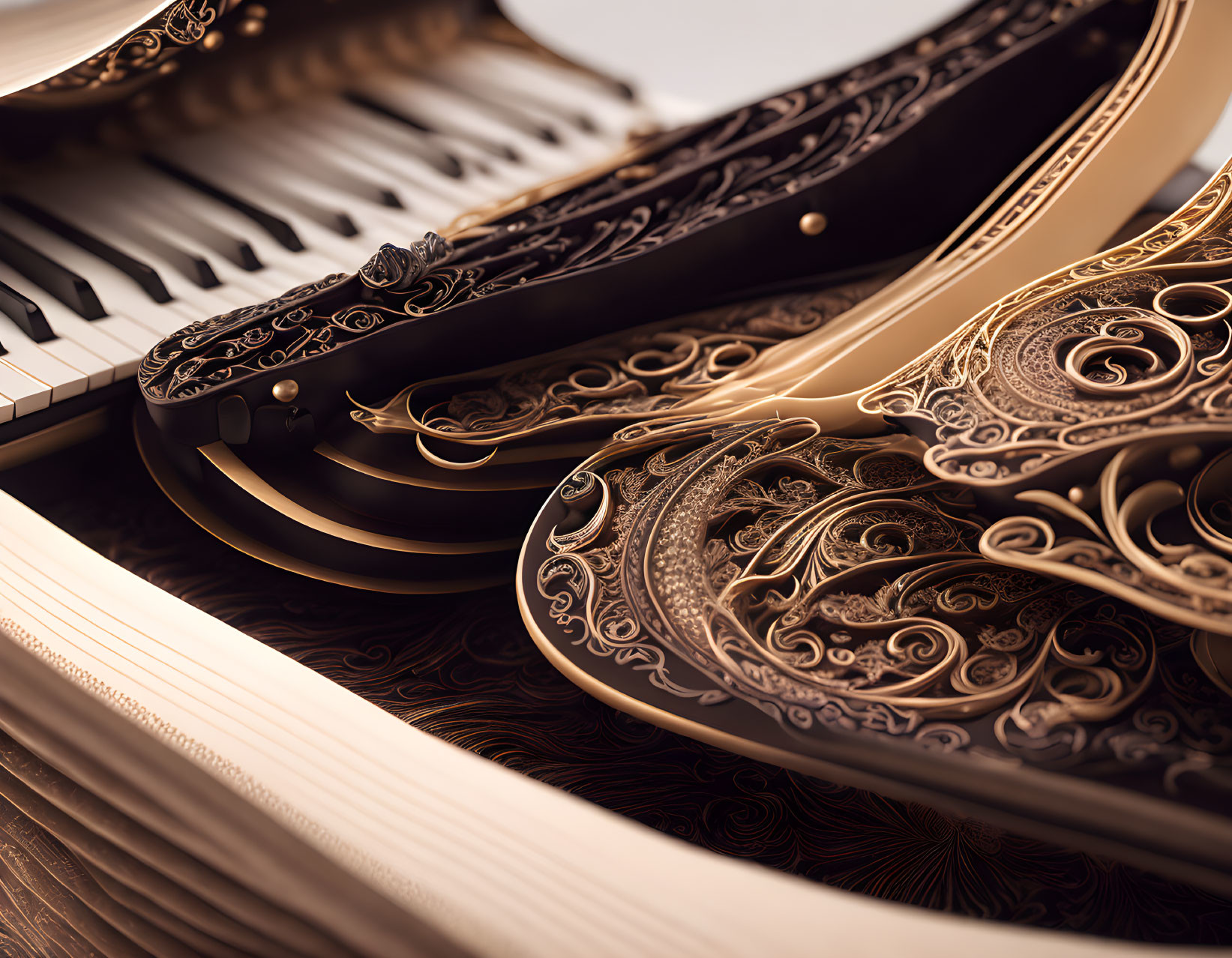 Ornate grand piano with open lid and intricate details on soft-focus keyboard background