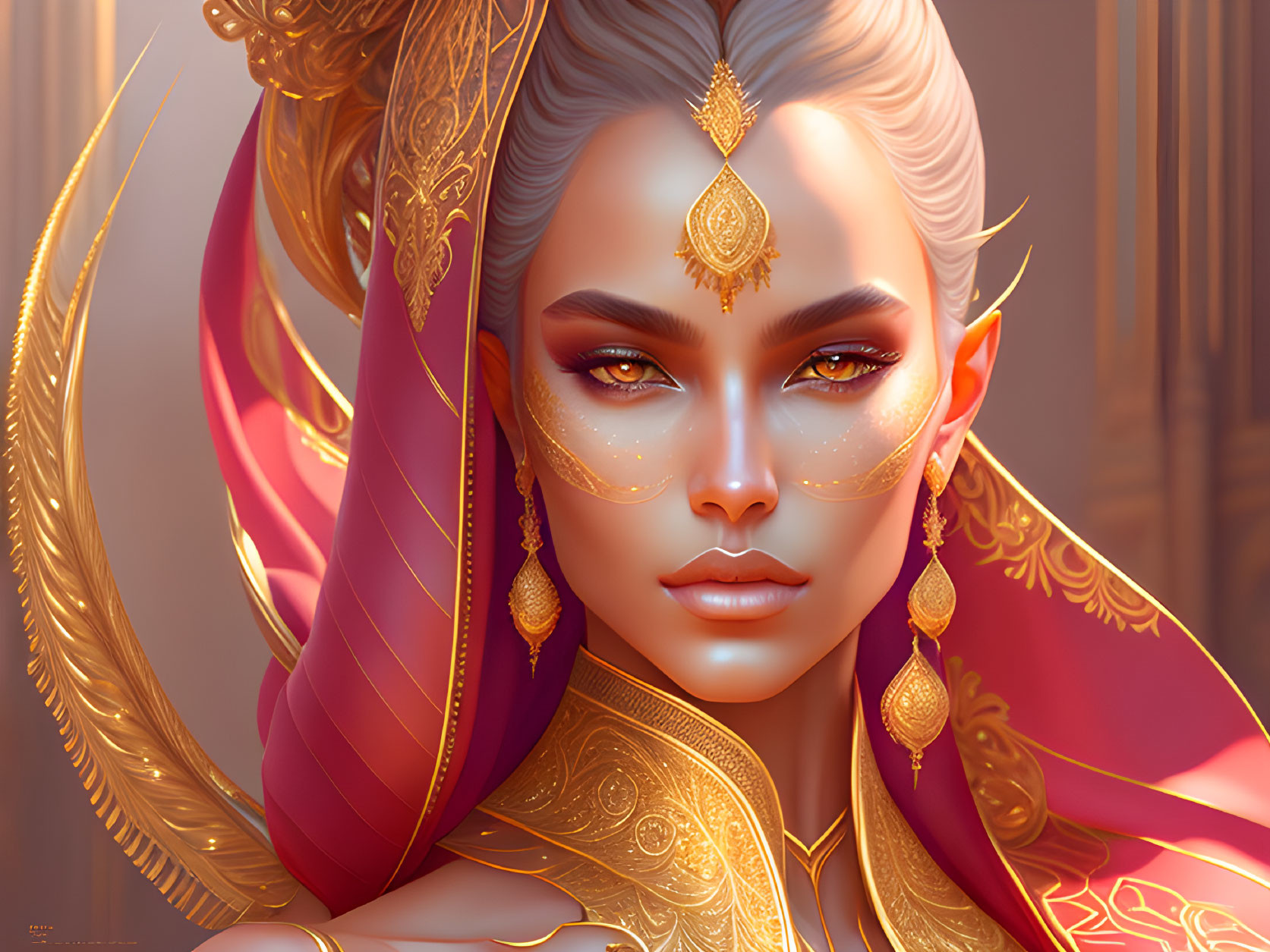 Elven woman portrait with gold jewelry and regal attire