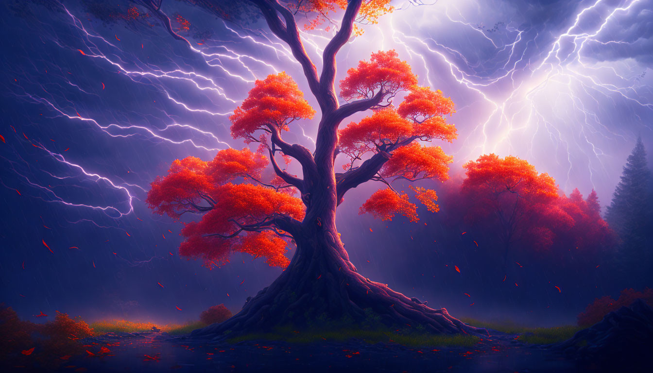 Red-leaved tree against stormy skies with lightning and fallen leaves