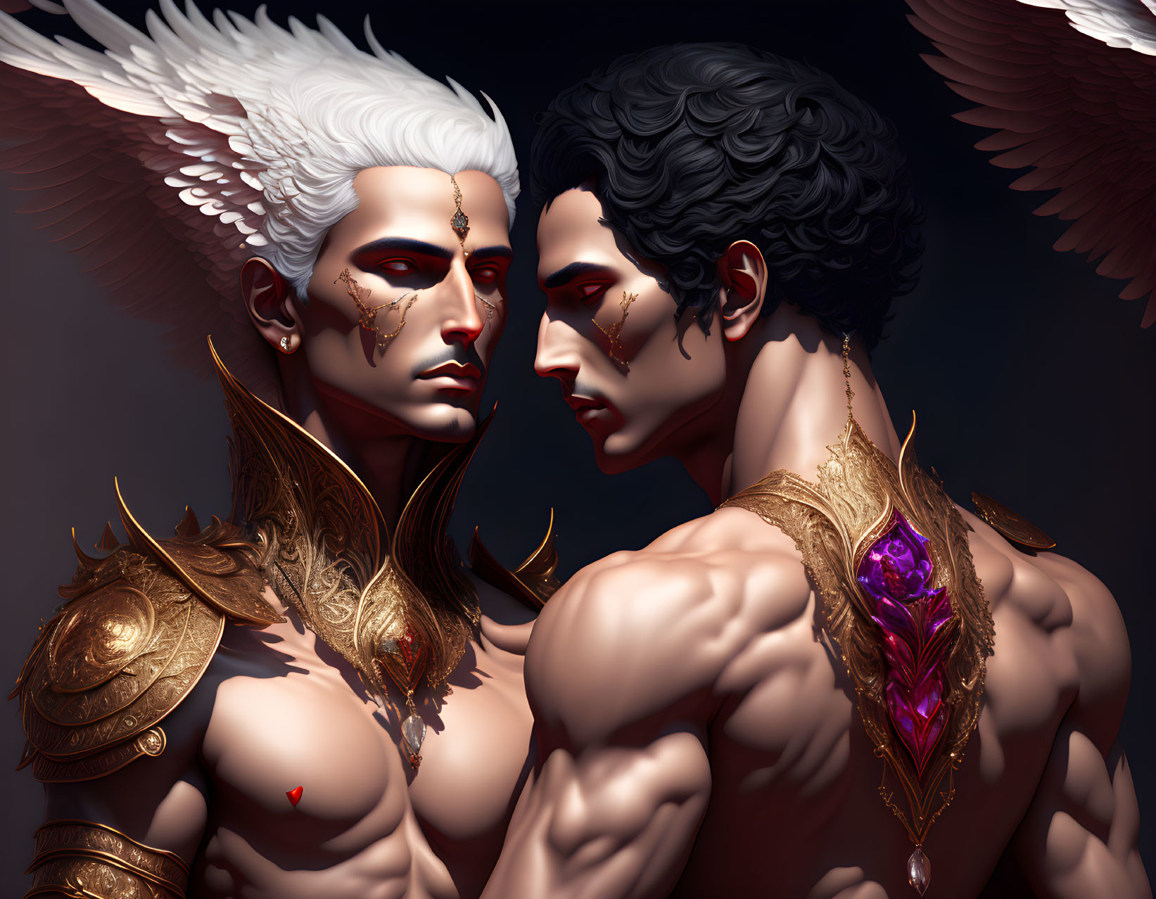 Stylized male figures with angelic wings and golden armor in dark setting