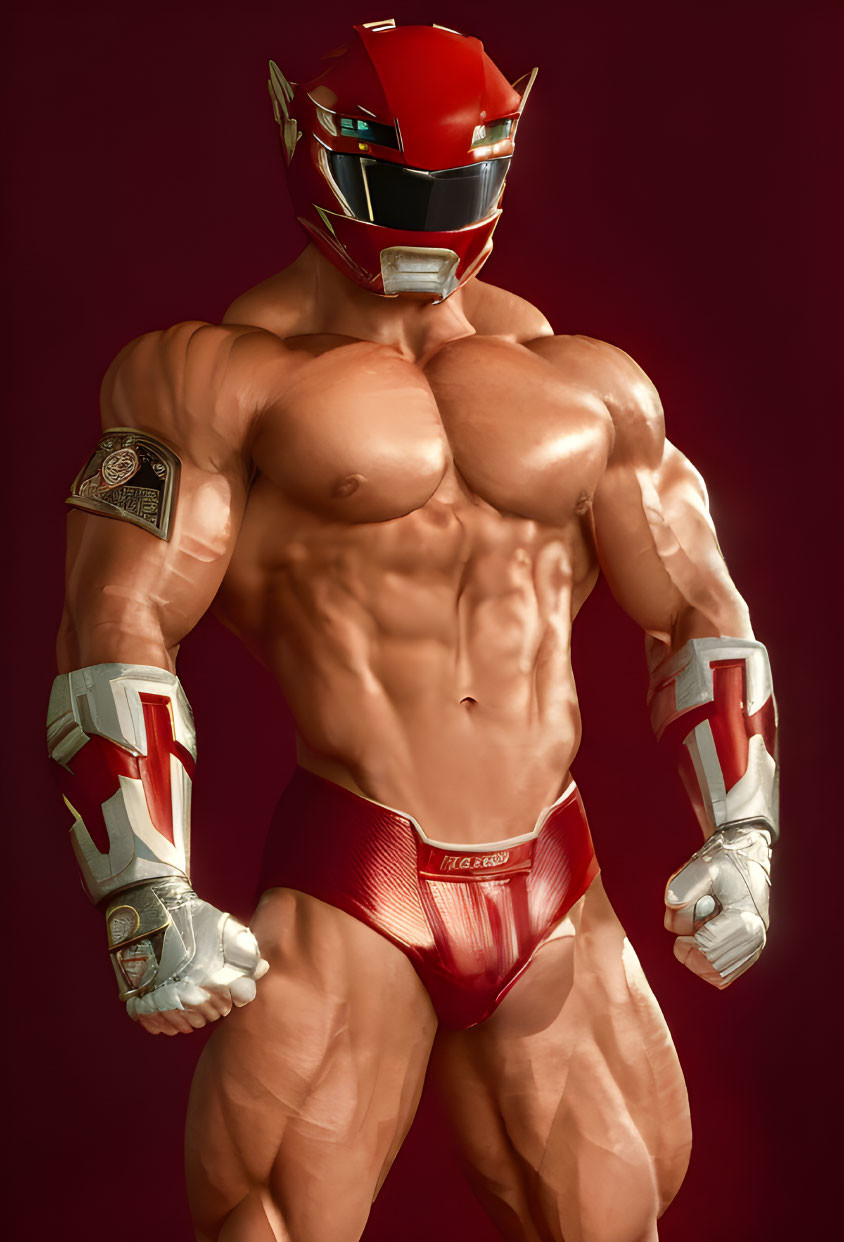 Muscular Figure in Red Helmet and Gauntlets on Red Background