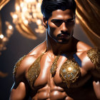 Muscular shirtless man in golden shoulder armor under warm lighting