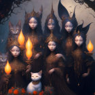 Six ethereal women in ornate headdresses in mystical forest with cats and red leaves under crimson moon