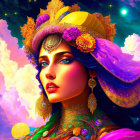 Colorful digital art: Woman with blue hair and golden jewels in cosmic sky