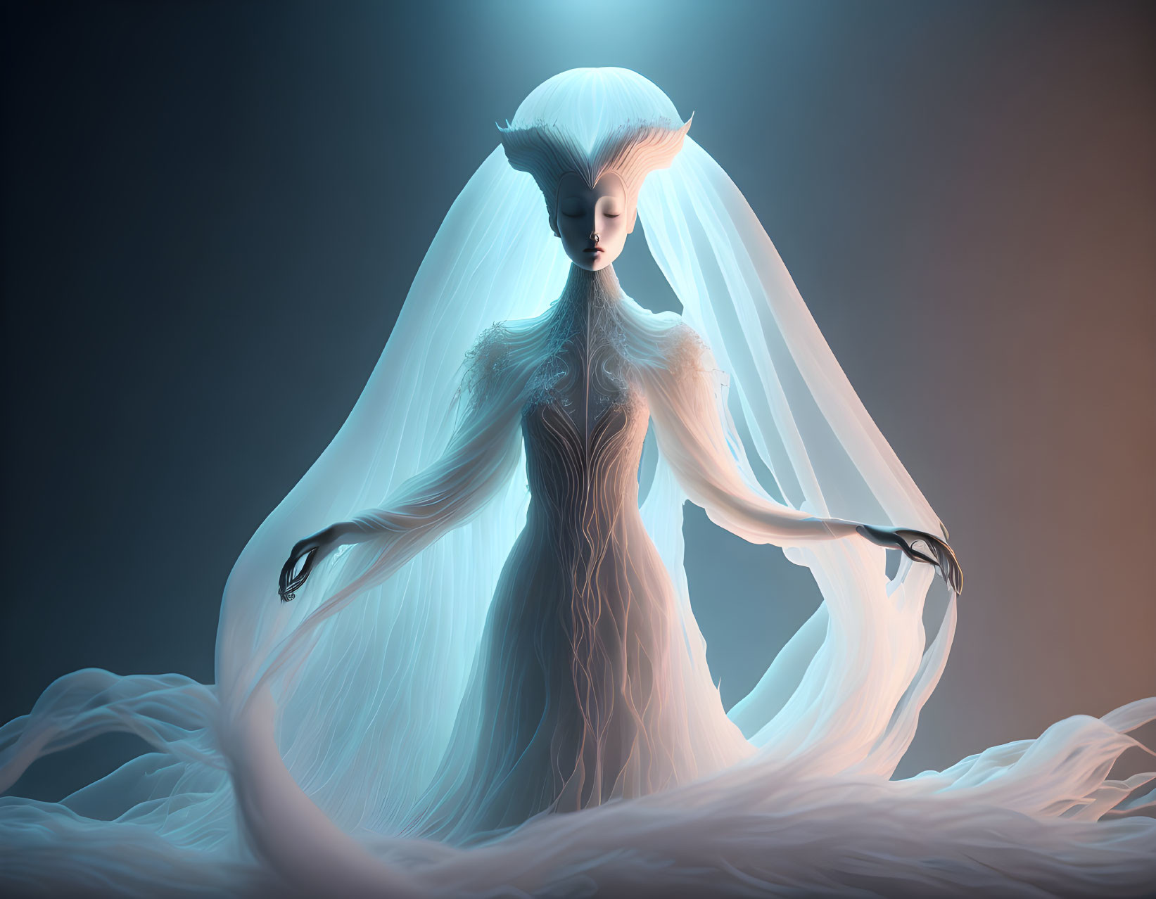 Ethereal figure in white dress on blue background