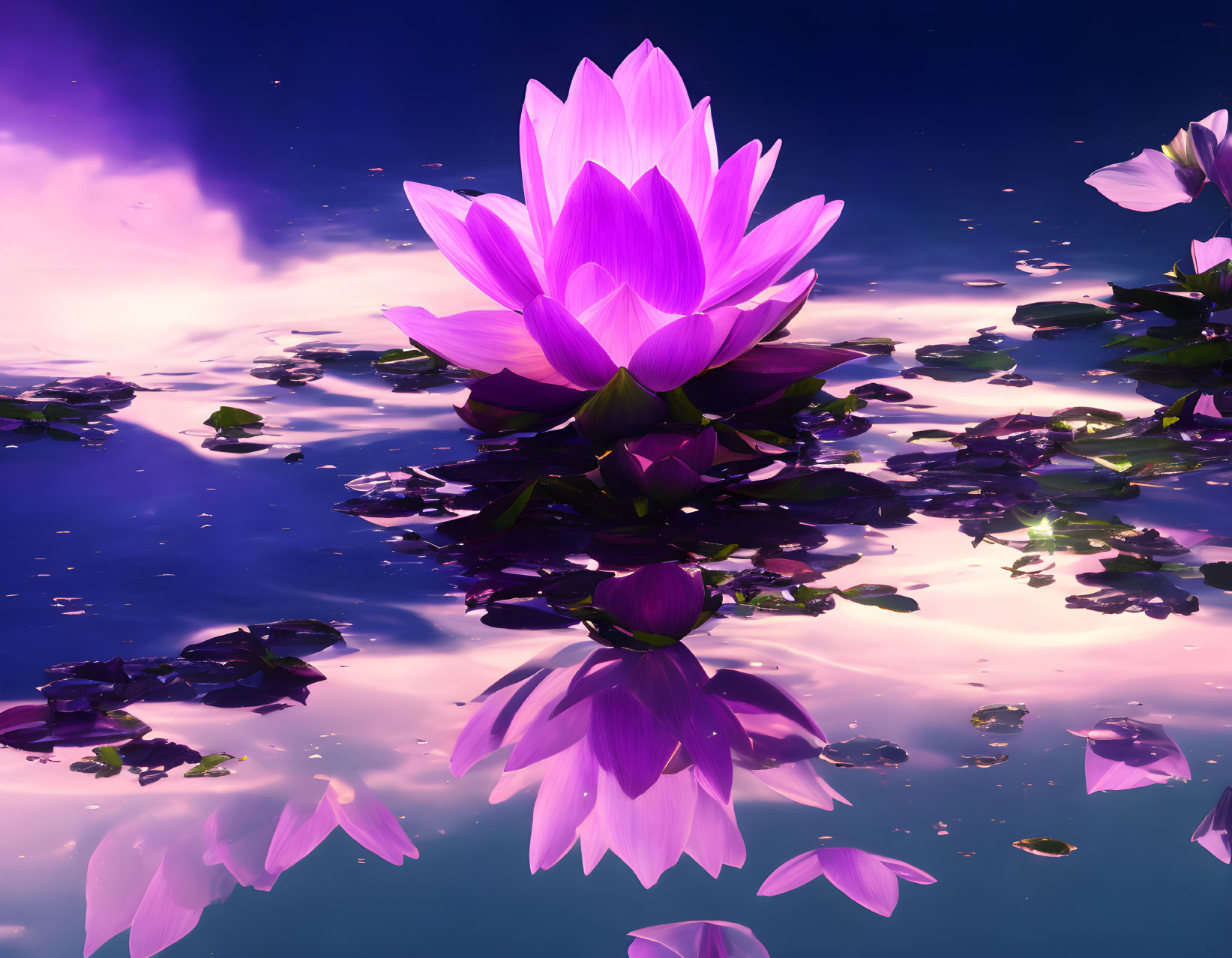 Vibrant purple lotus flower blooming above tranquil water with scattered petals under pink and blue sky