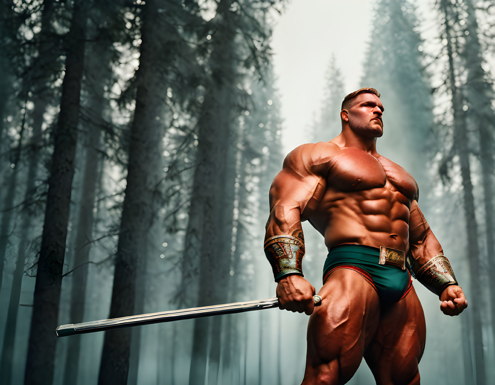 Muscular man in green trunks wields sword in misty forest