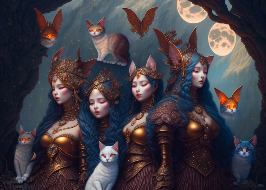 Stylized majestic female figures in gold and blue armor with ethereal cats under a moonlit sky