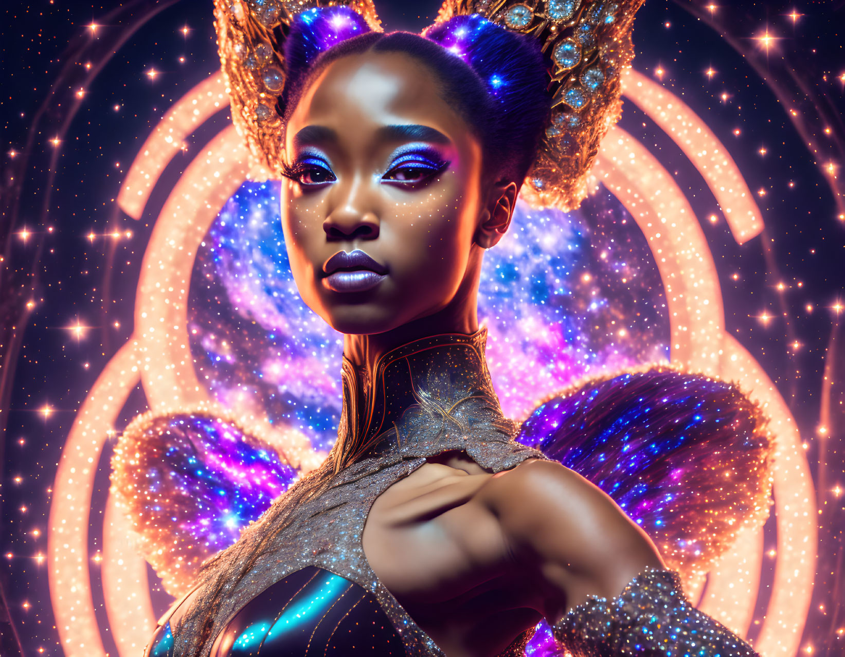 Avant-garde makeup woman in futuristic costume against cosmic backdrop