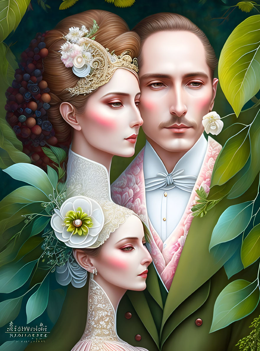 Victorian-style attire illustration of elegant couple in lush floral setting