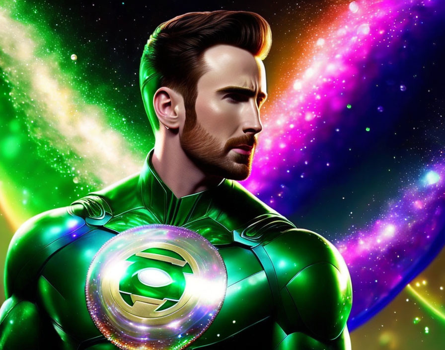 Male superhero in green and black suit with glowing lantern emblem on chest against cosmic backdrop.