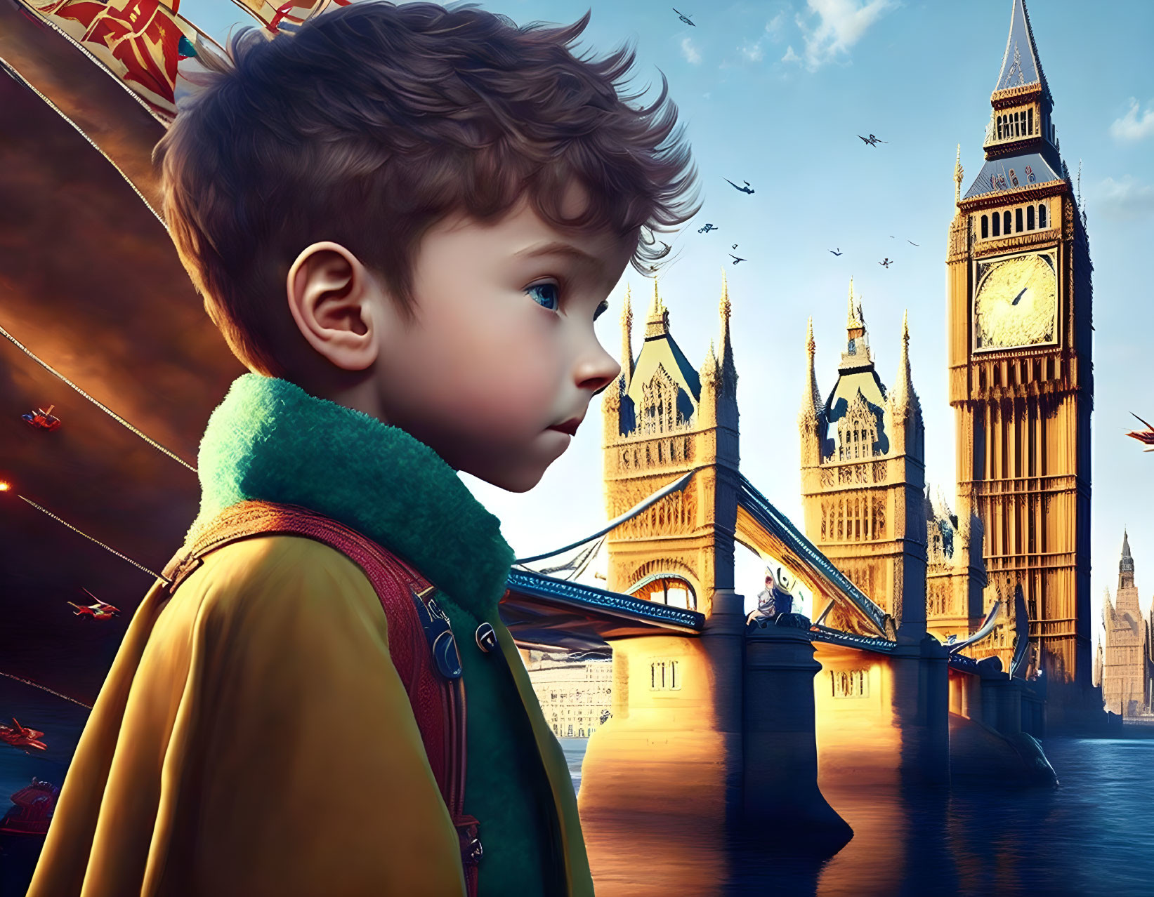 Young boy in profile with green scarf, gazing at stylized Big Ben and Houses of Parliament with