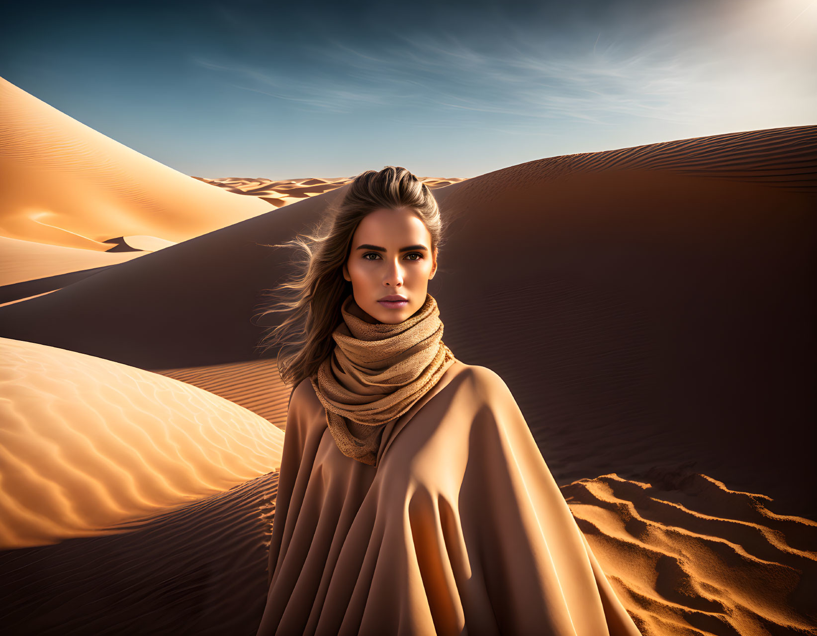 Woman in beige cloak sitting in sand dunes under clear sky with elegant hair.