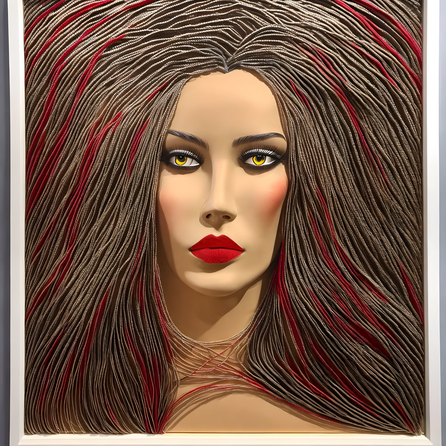 Stylized Woman with Voluminous Hair and Yellow Eyes on Neutral Background