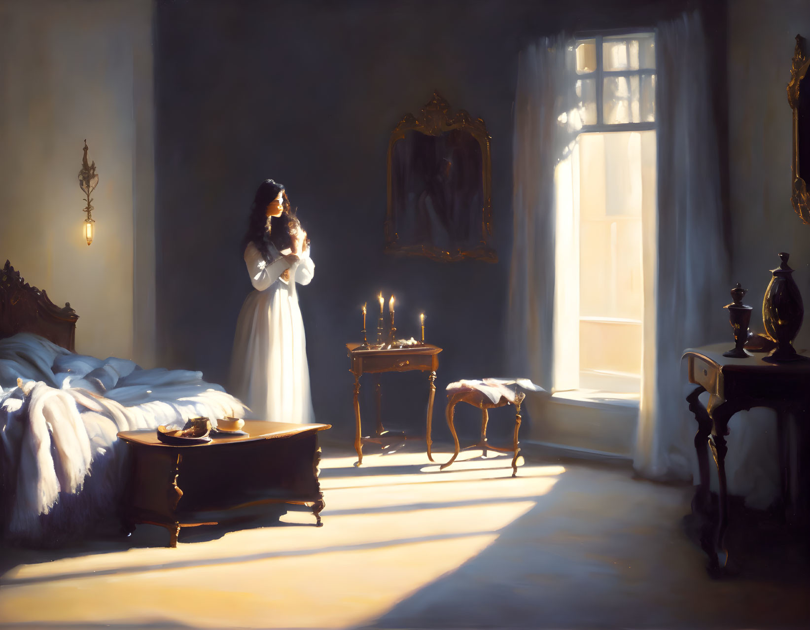 Woman in white praying in elegant vintage room