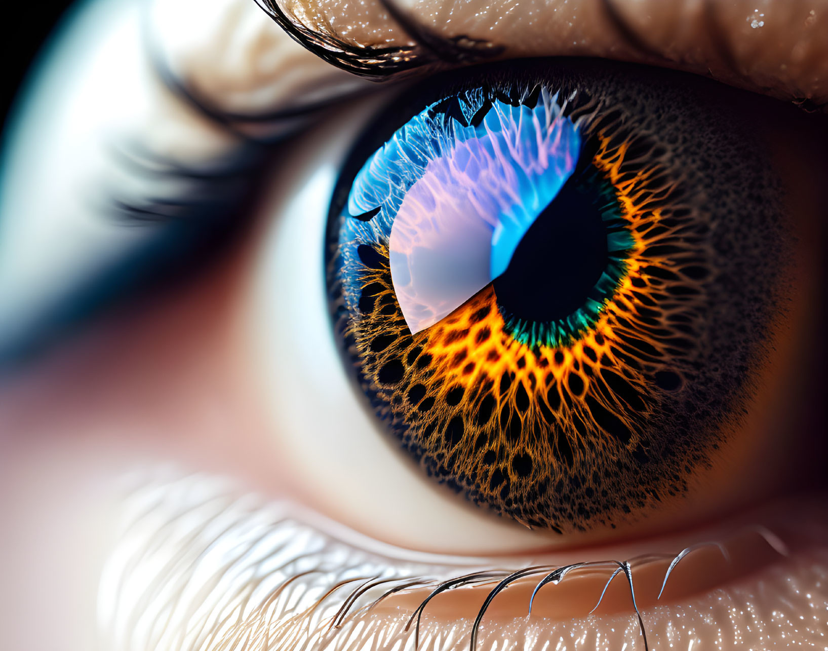 Detailed Close-Up of Vibrant Blue and Orange Human Eye Texture